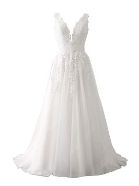 Elegant White Lace V-Neck A-Line Dress with petticoat included.